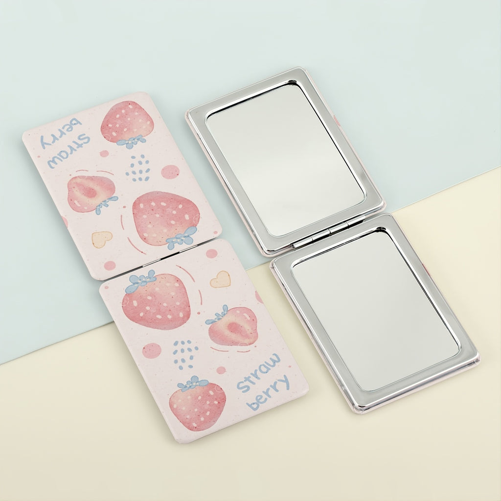 1pc Strawberry Design Double-Sided Makeup Mirror, Polished Iron Frame, Tabletop Mount, Magnifying Glass Surface, Flower Theme, Unscented, No Battery Required