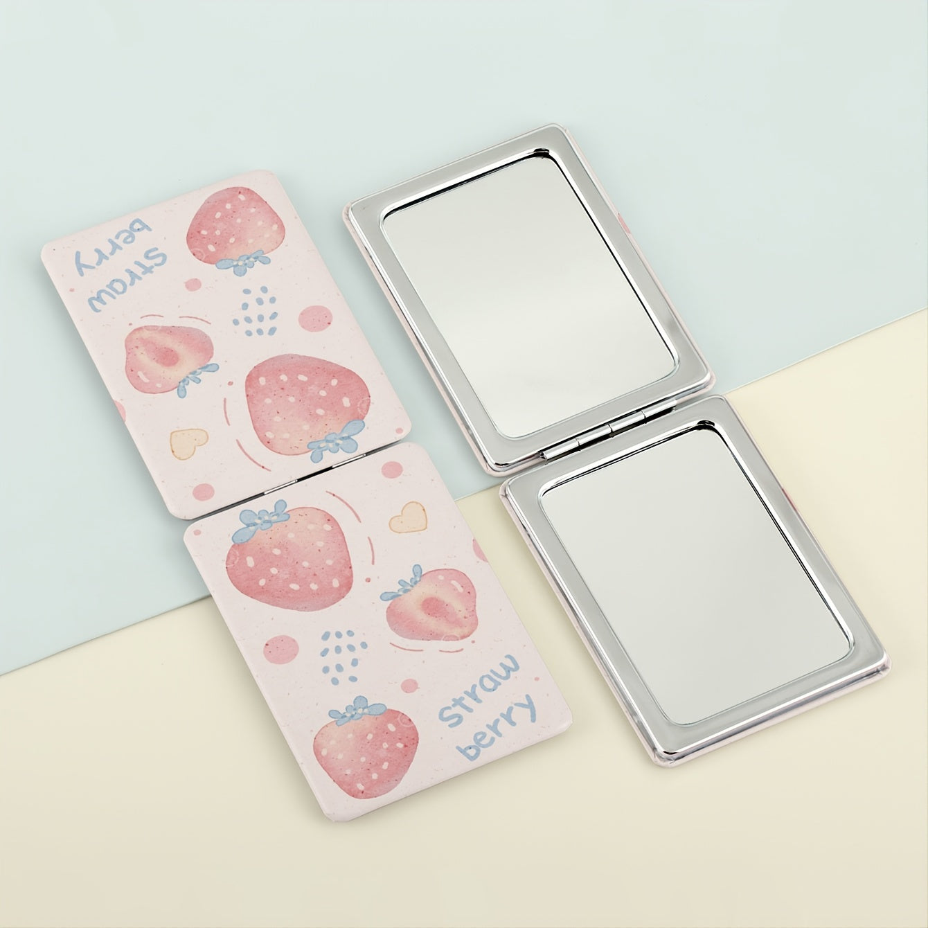 1pc Strawberry Design Double-Sided Makeup Mirror, Polished Iron Frame, Tabletop Mount, Magnifying Glass Surface, Flower Theme, Unscented, No Battery Required