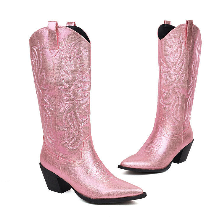 Tall Western-style Boots Adorned With Embroidered, Shimmering Fabric