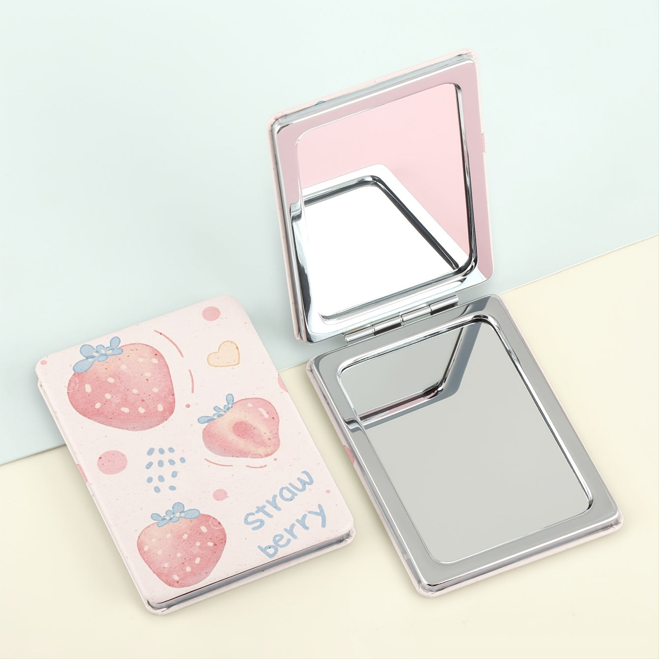 1pc Strawberry Design Double-Sided Makeup Mirror, Polished Iron Frame, Tabletop Mount, Magnifying Glass Surface, Flower Theme, Unscented, No Battery Required