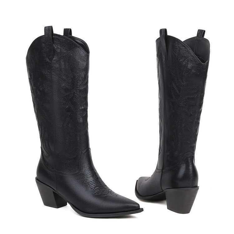 Tall Western-style Boots Adorned With Embroidered, Shimmering Fabric