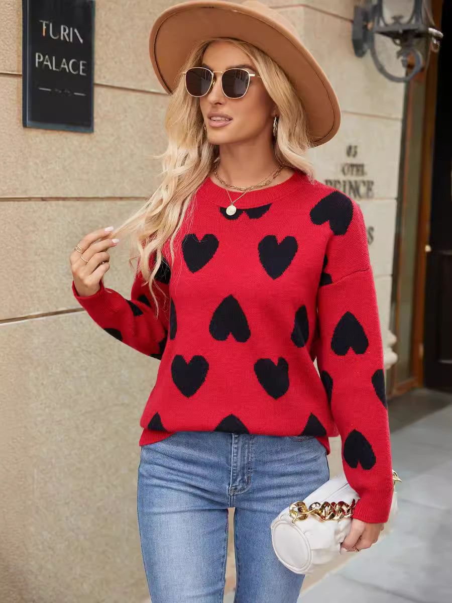 Knitted Jacquard Round Neck Pullover Long Sleeve Sweater Coat Sweater Women