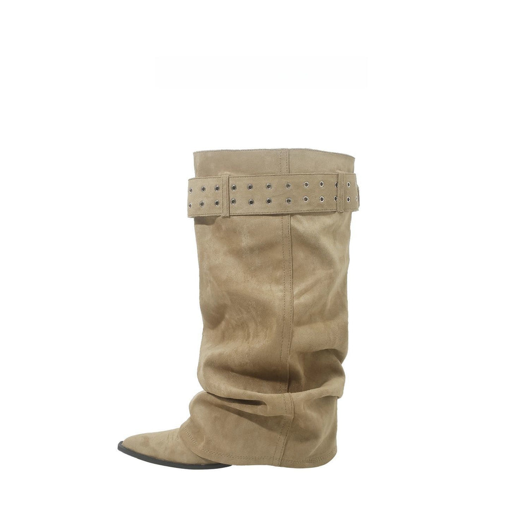 Womens Black Knee-High Pointed-Toe High-Heel Western Boots