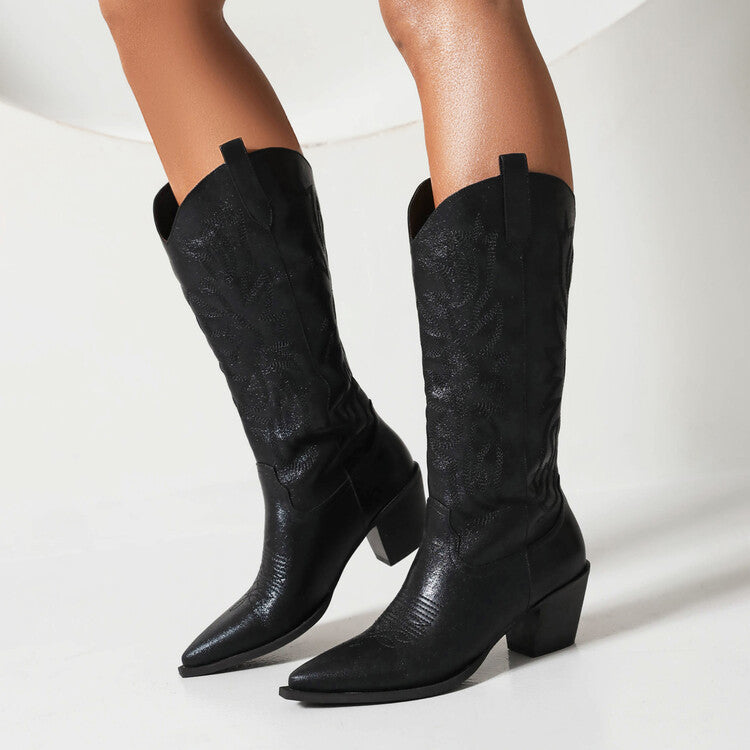 Tall Western-style Boots Adorned With Embroidered, Shimmering Fabric