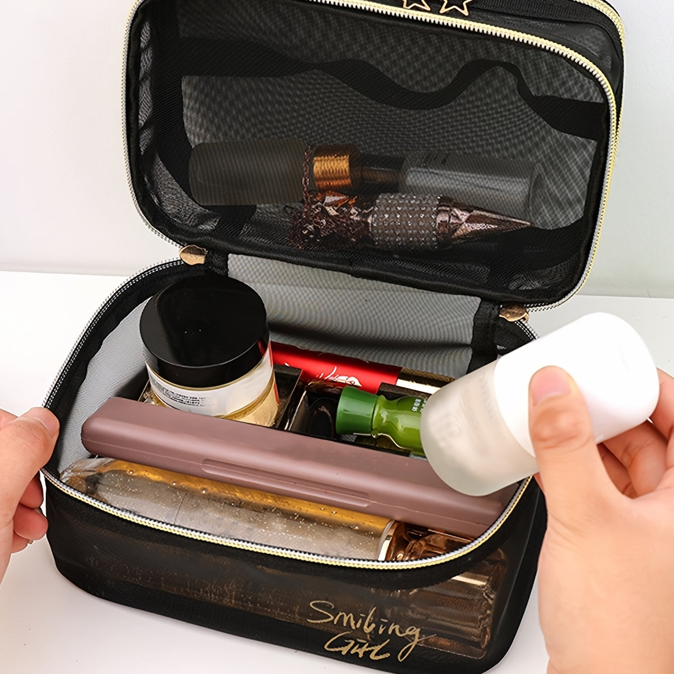 Double Layer Makeup Clear Mesh Purse Toiletry Cosmetic Bags Womens Portable Organizer Travel Size Beach Tote, Zipper Makeup Storage Vacation Must Haves