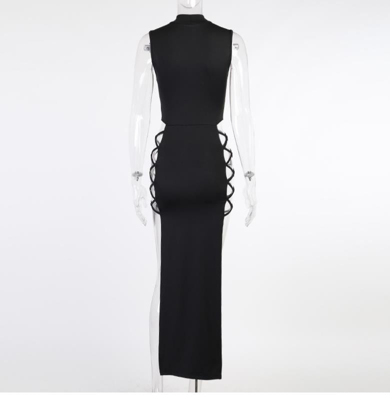 Sexy High Neck Bodycon Long Dress With Side Hollow And High Slit | Solid Color, Style, Suitable For Spring/Fall