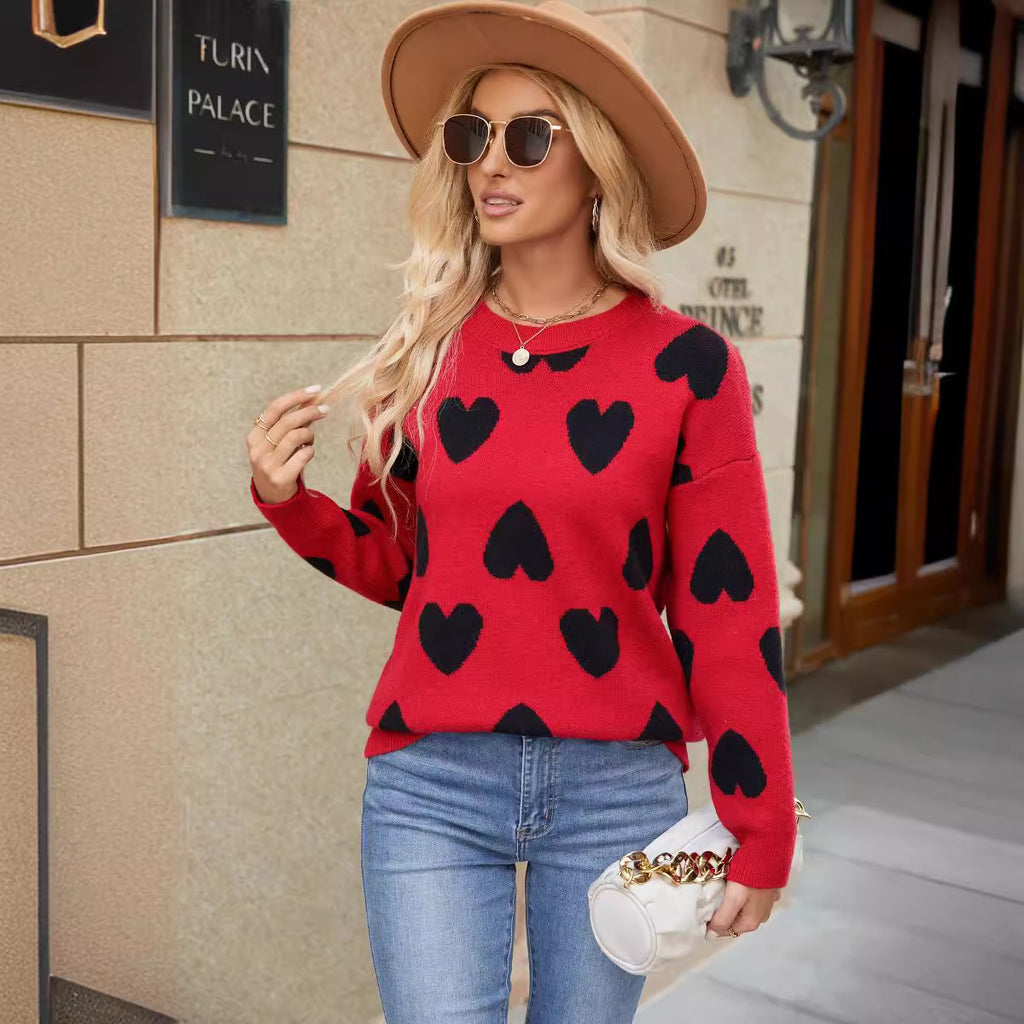 Knitted Jacquard Round Neck Pullover Long Sleeve Sweater Coat Sweater Women