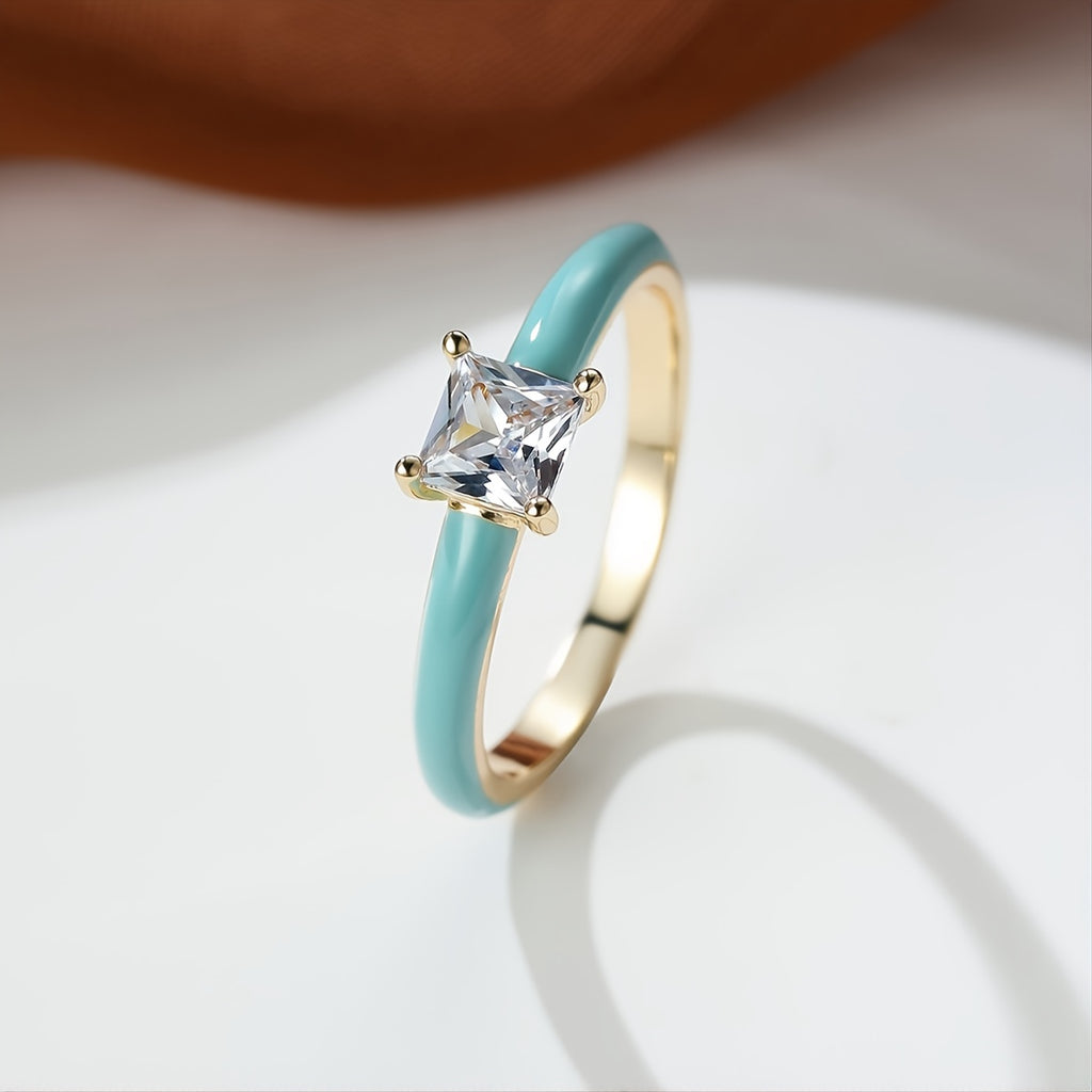 [Elegant Blue | Vintage] Elegant Blue 1pc Synthetic Zirconia Ring | Vintage-Inspired Square Design, Goldentone Clasp | Women's Casual Jewelry, Perfect Gift