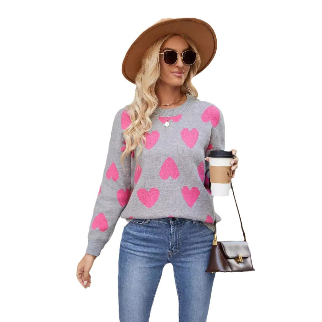 Knitted Jacquard Round Neck Pullover Long Sleeve Sweater Coat Sweater Women