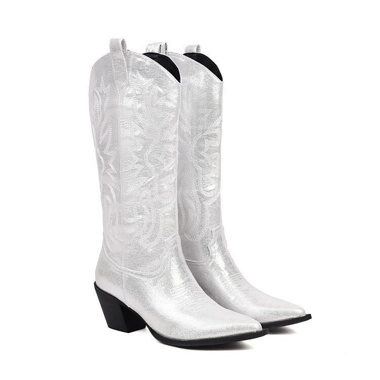Tall Western-style Boots Adorned With Embroidered, Shimmering Fabric