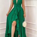 Deep V Neck Sexy Fit and Flare Dress | Sleeveless, Asymmetrical Detail, Solid Color, Summer Collection by CHICME