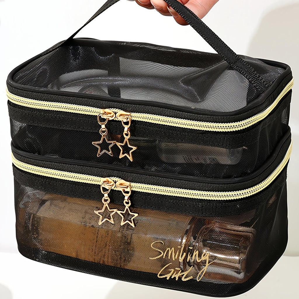 Double Layer Makeup Clear Mesh Purse Toiletry Cosmetic Bags Womens Portable Organizer Travel Size Beach Tote, Zipper Makeup Storage Vacation Must Haves