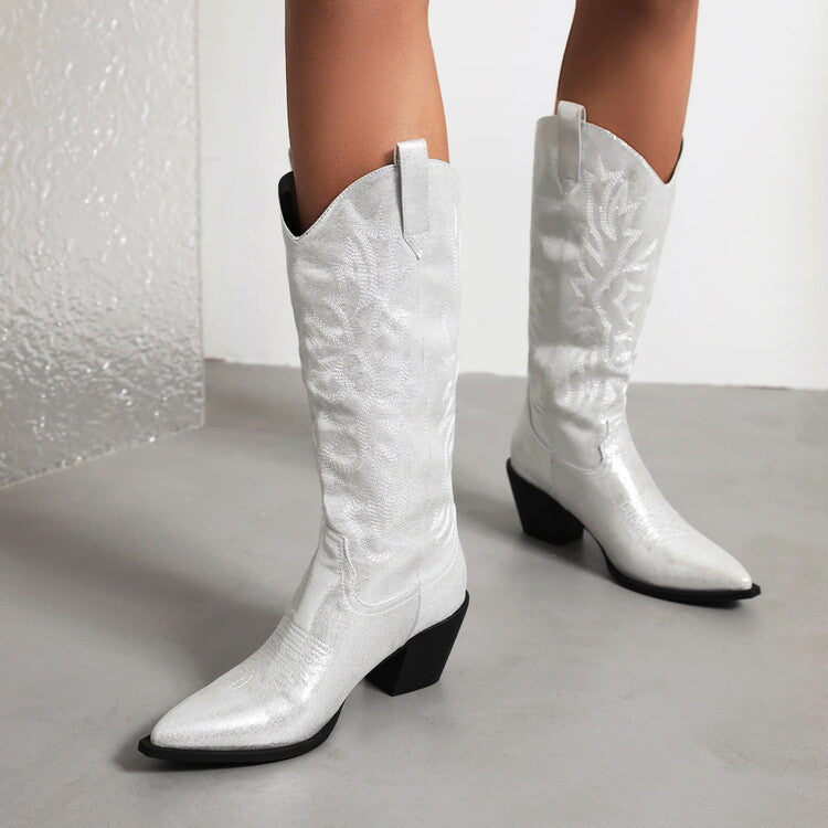 Tall Western-style Boots Adorned With Embroidered, Shimmering Fabric