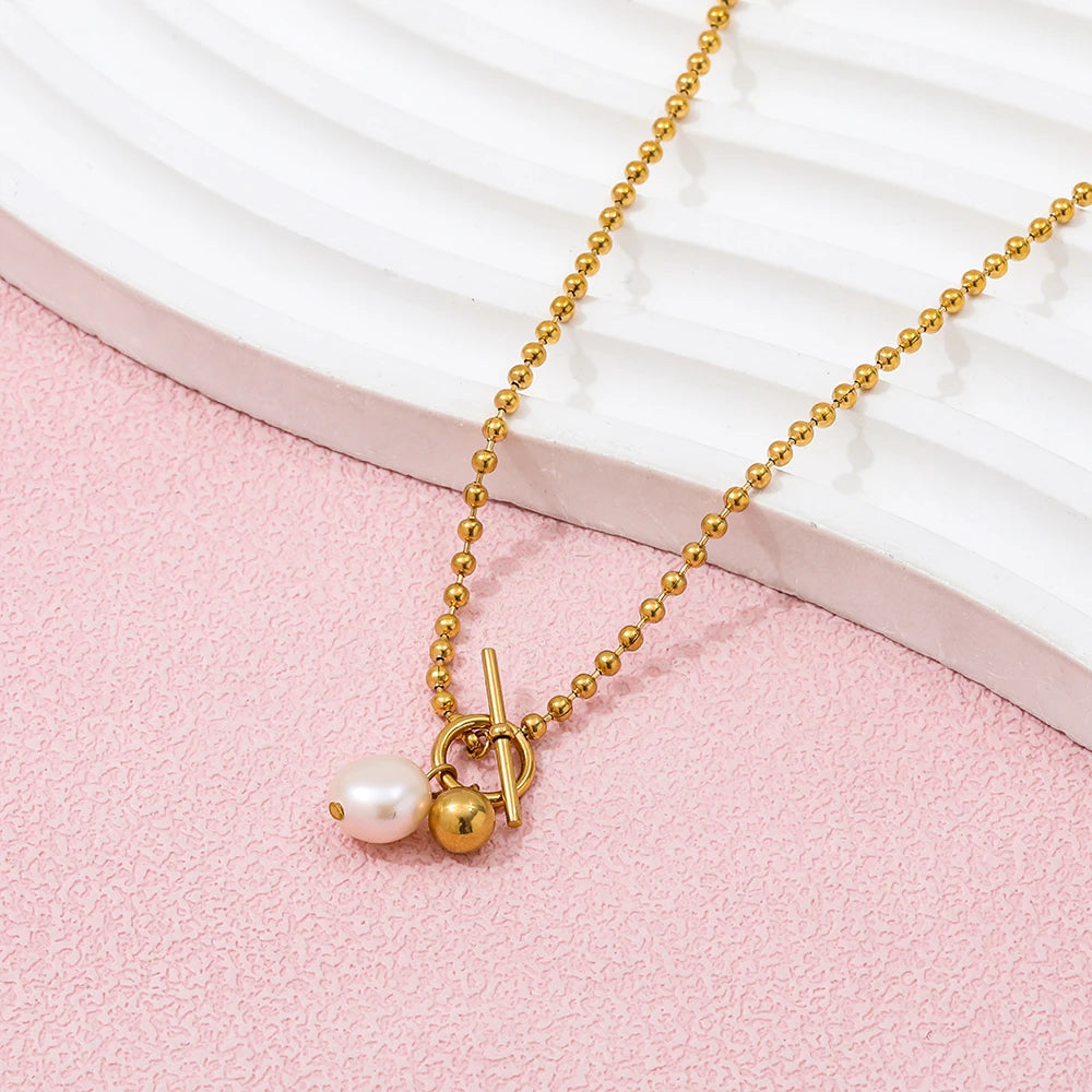 Joolim Jewelry 18K Gold Plated Fresh Water Pearl Pendant Toggle Bead Chain Necklace Stainless Steel Jewelry