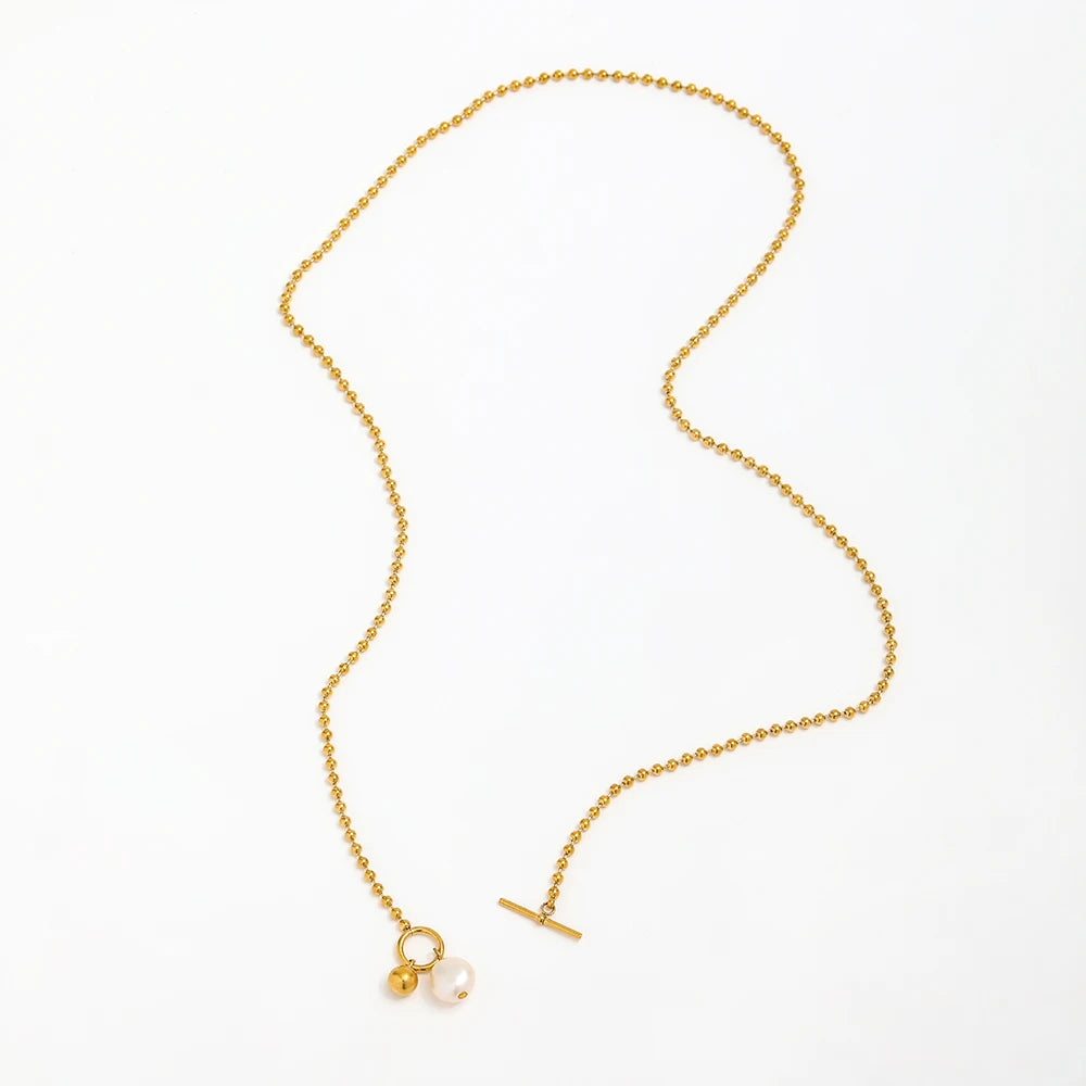 Joolim Jewelry 18K Gold Plated Fresh Water Pearl Pendant Toggle Bead Chain Necklace Stainless Steel Jewelry