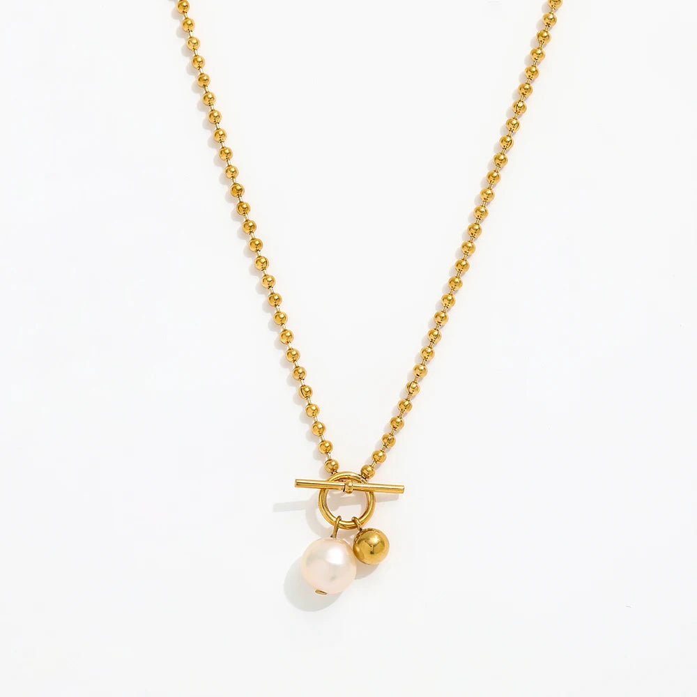 Joolim Jewelry 18K Gold Plated Fresh Water Pearl Pendant Toggle Bead Chain Necklace Stainless Steel Jewelry