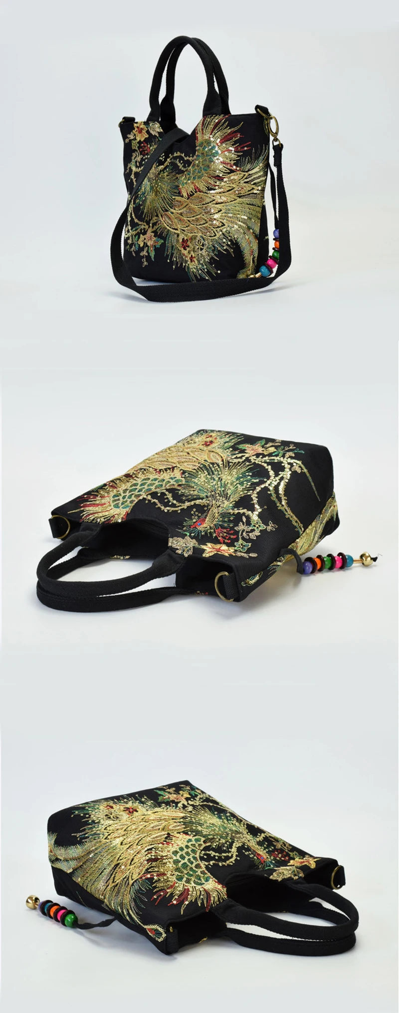 Ethnic Style Sequins Tote Bag, Peacock Embroidery Handbags, Vintage Canvas Crossbody Bag