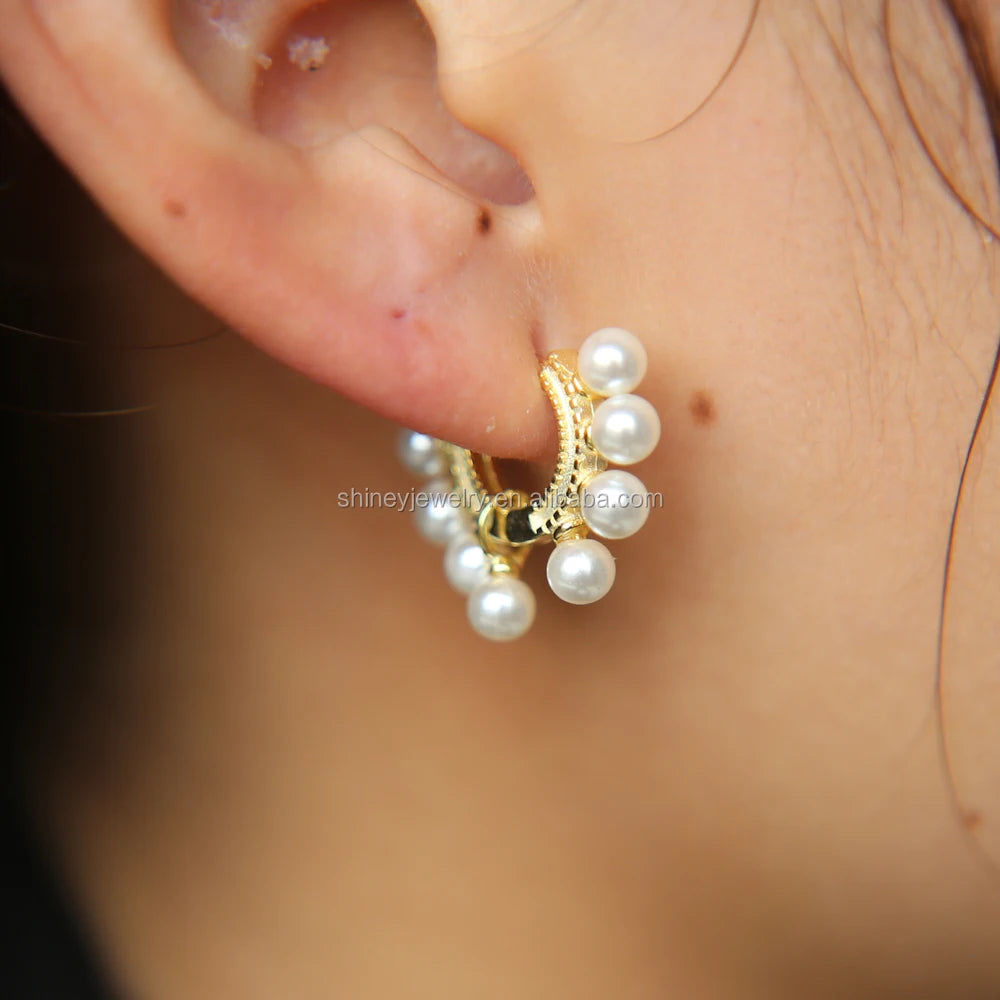 2023 Fashion Factory Customize 925 Sterling Silver Gold Plated Sea Fresh Pearl Huggie Hoop Earring