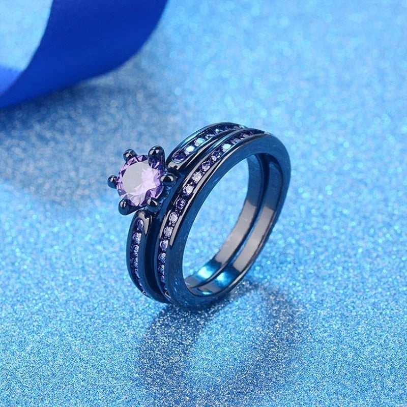 Fashion Couple Rings for Lover's Wedding Jewelry Trendy Rainbow Stainless Steel Men's Ring Cute Women Purple Zircon Rings Set
