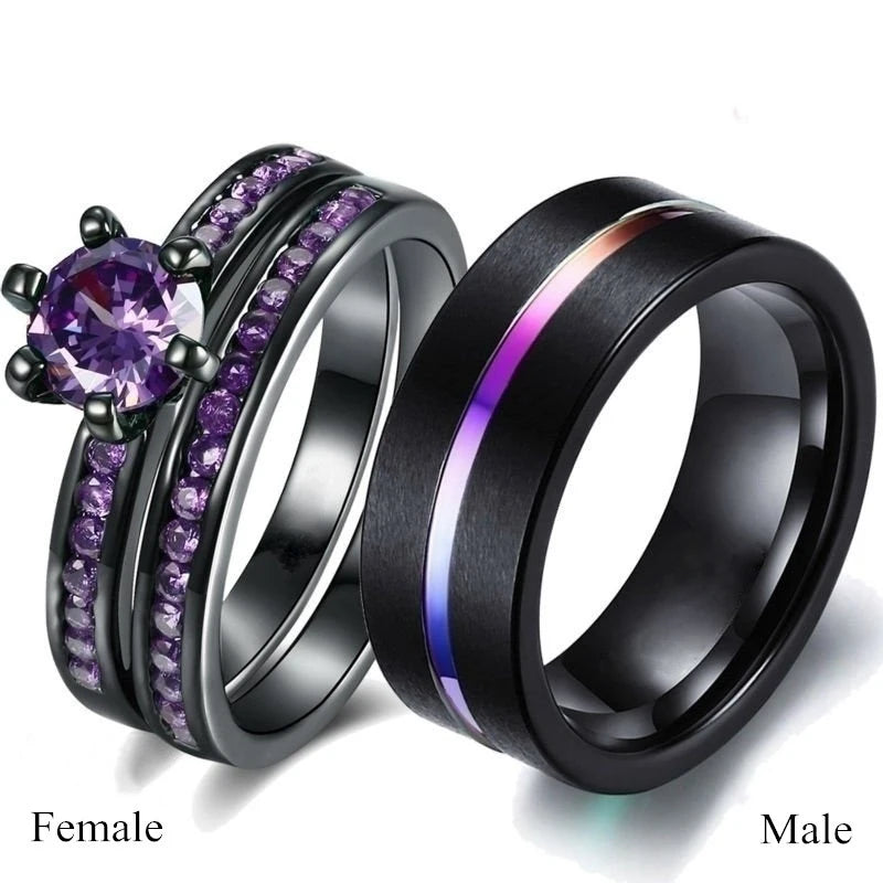 Fashion Couple Rings for Lover's Wedding Jewelry Trendy Rainbow Stainless Steel Men's Ring Cute Women Purple Zircon Rings Set