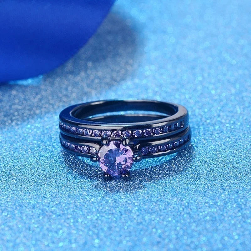 Fashion Couple Rings for Lover's Wedding Jewelry Trendy Rainbow Stainless Steel Men's Ring Cute Women Purple Zircon Rings Set
