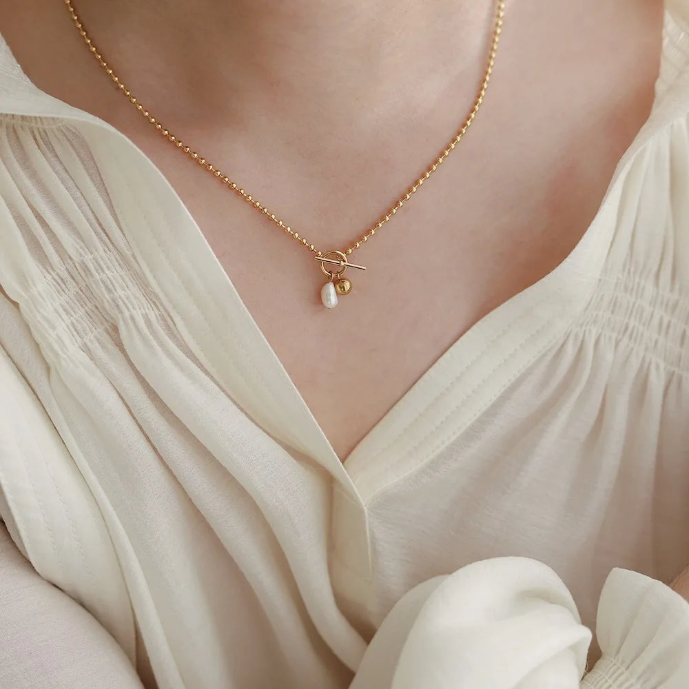 Joolim Jewelry 18K Gold Plated Fresh Water Pearl Pendant Toggle Bead Chain Necklace Stainless Steel Jewelry