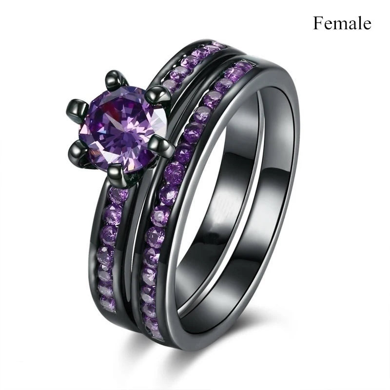 Fashion Couple Rings for Lover's Wedding Jewelry Trendy Rainbow Stainless Steel Men's Ring Cute Women Purple Zircon Rings Set