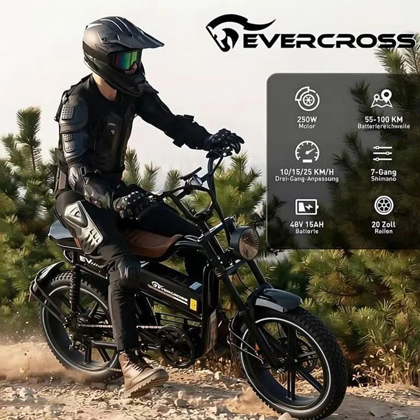 EVERCROSS TECH EK30 Electric bike adult, e-car 20 "x4.0 wide tires, motor 250W, speed 25 km/h, autonomy 100km