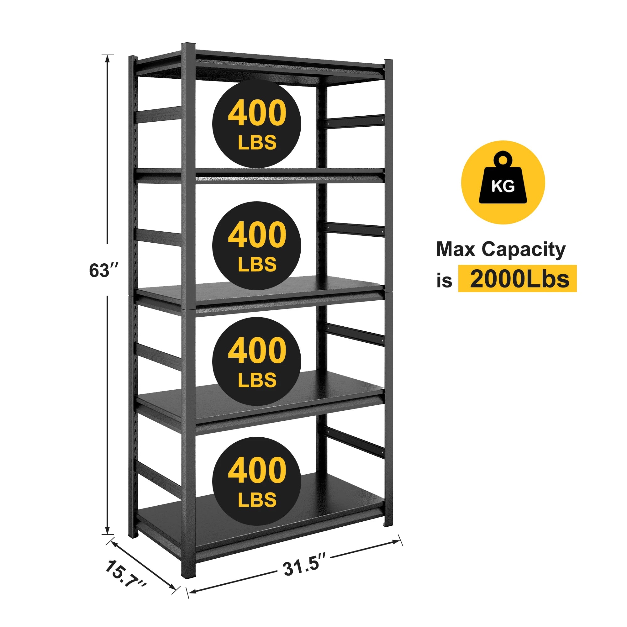 Adjustable Heavy Duty Metal Shelving 5-Tier Storage Shelves 2000LBS Load Kitchen Garage Pantry H63 * W31.5 * D15.7