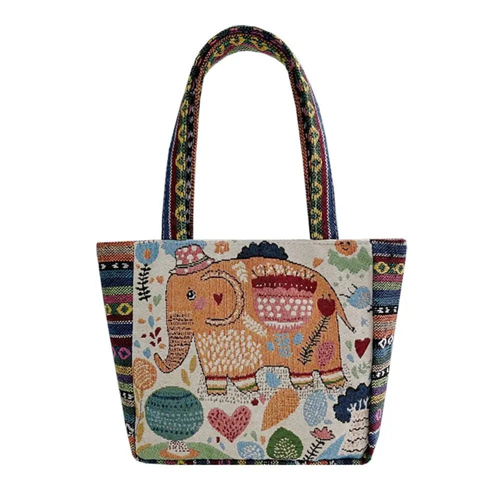 1Pcs Animal Ethnic Style Handbag Trendy Embroidery Elephant Peacock Handbag Rabbit Canvas Tote Bag Storage Bag