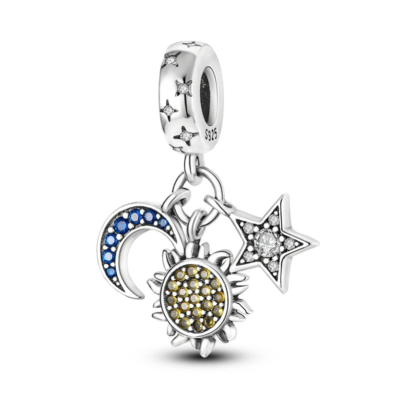 New In 925 Sterling Silver Golden Sunflower Lucky Stars Charm Fit Original Bracelet Necklace Sun Moon Diamond Charm Jewelry DIY