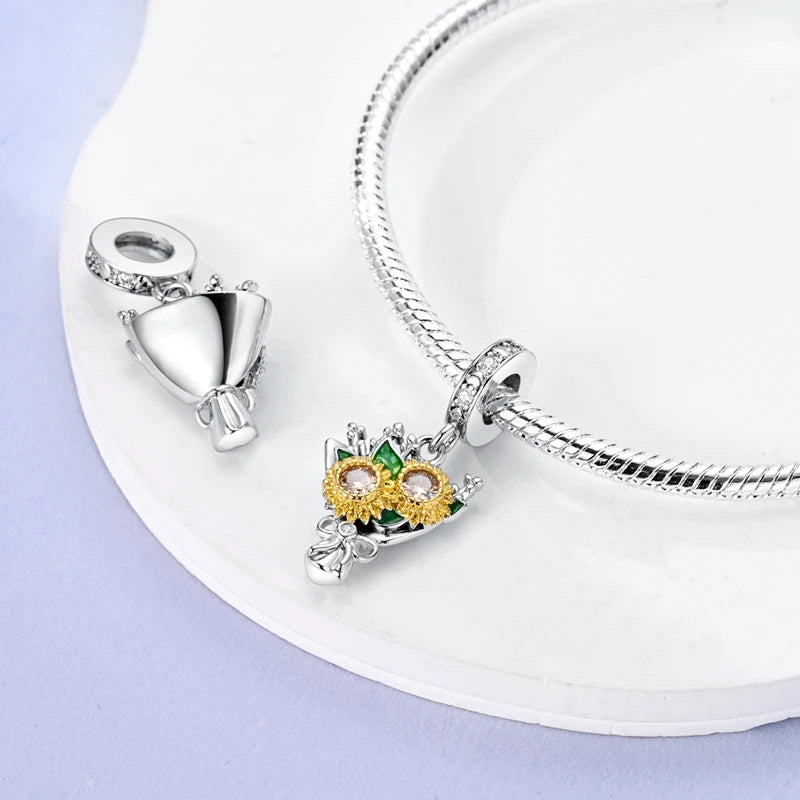 New In 925 Sterling Silver Golden Sunflower Lucky Stars Charm Fit Original Bracelet Necklace Sun Moon Diamond Charm Jewelry DIY