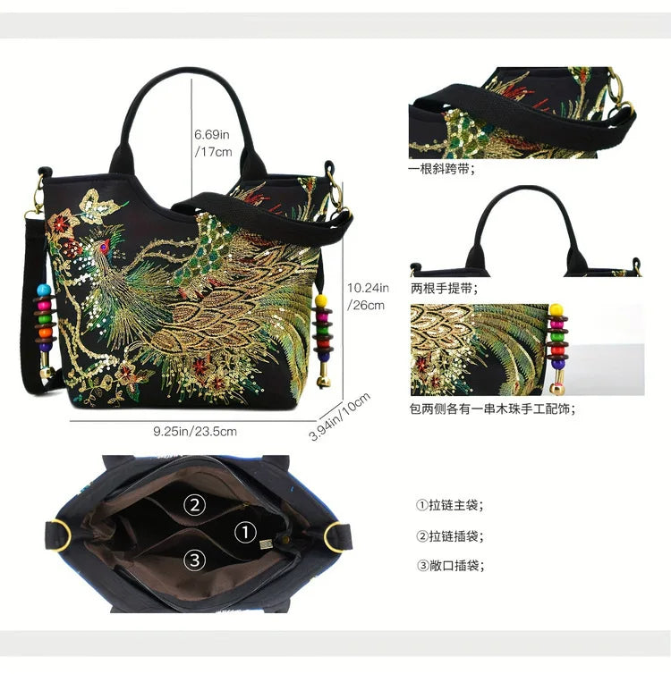 Women's Phoenix Embroidered Sequin Handbag Ethnic Style Travel Bohemian Bag Embroidered Handbag