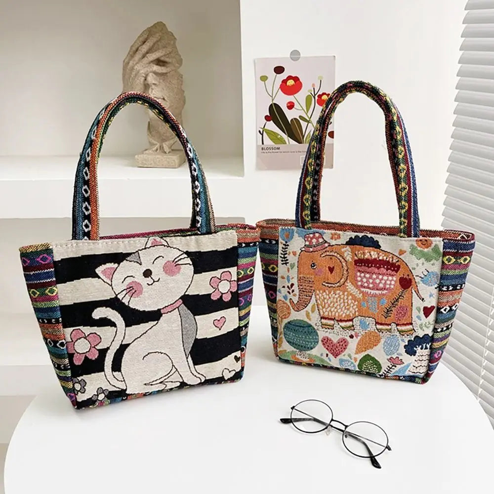 1Pcs Animal Ethnic Style Handbag Trendy Embroidery Elephant Peacock Handbag Rabbit Canvas Tote Bag Storage Bag