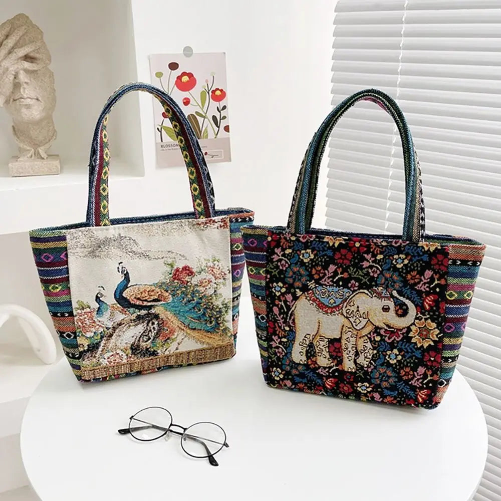 1Pcs Animal Ethnic Style Handbag Trendy Embroidery Elephant Peacock Handbag Rabbit Canvas Tote Bag Storage Bag
