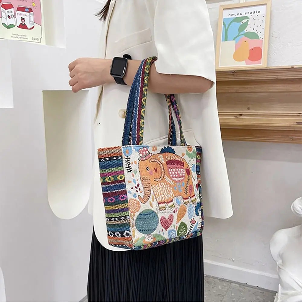 1Pcs Animal Ethnic Style Handbag Trendy Embroidery Elephant Peacock Handbag Rabbit Canvas Tote Bag Storage Bag