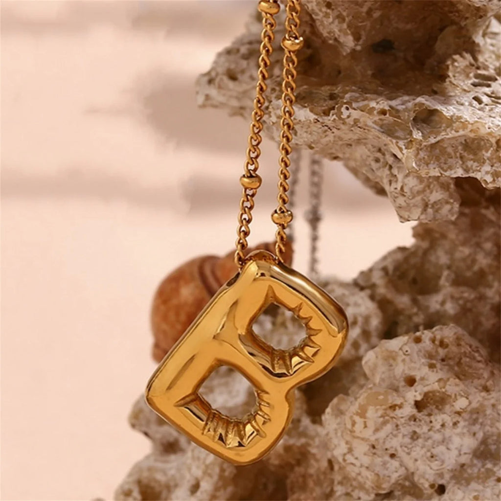 Vintage Stainless Steel Balloon Bubble Chunky Letter Necklace for Women 18K Gold Plated Initial Necklaces Collar Jewelry Gift
