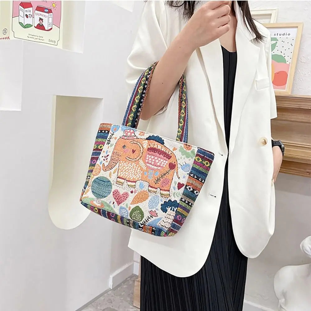 1Pcs Animal Ethnic Style Handbag Trendy Embroidery Elephant Peacock Handbag Rabbit Canvas Tote Bag Storage Bag