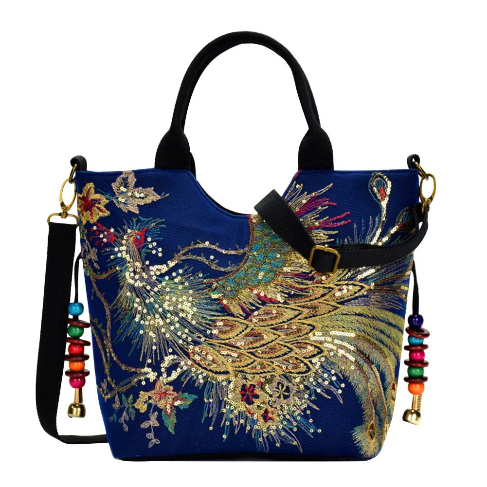 Fashion Women Handbags Peafowl Embroidery Canvas Retro Beads Pendant Top-Handle Bag Large Shoulder Messenger Bags