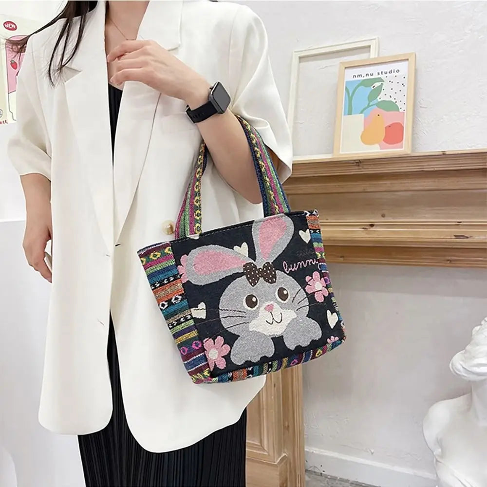1Pcs Animal Ethnic Style Handbag Trendy Embroidery Elephant Peacock Handbag Rabbit Canvas Tote Bag Storage Bag