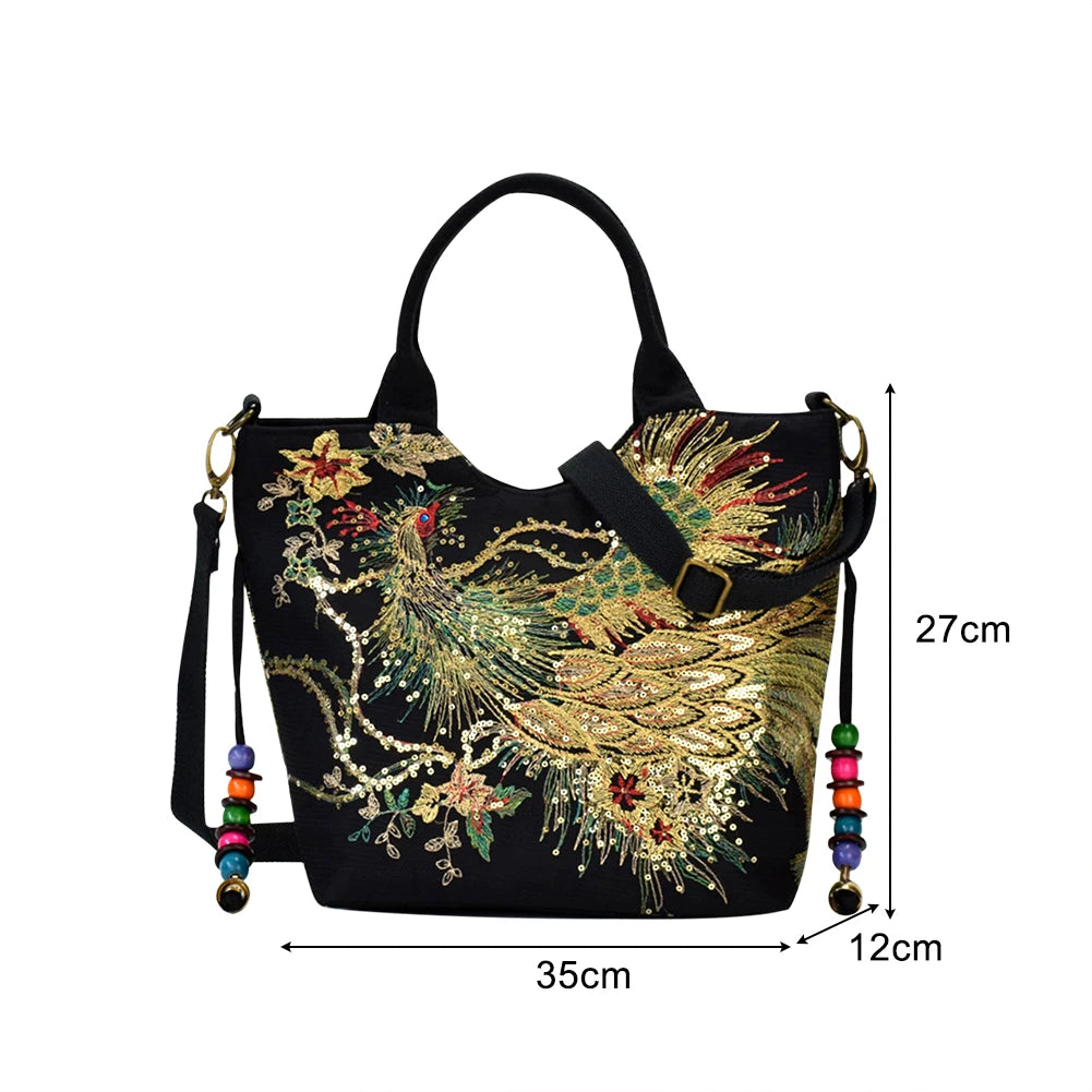Fashion Women Handbags Peafowl Embroidery Canvas Retro Beads Pendant Top-Handle Bag Large Shoulder Messenger Bags