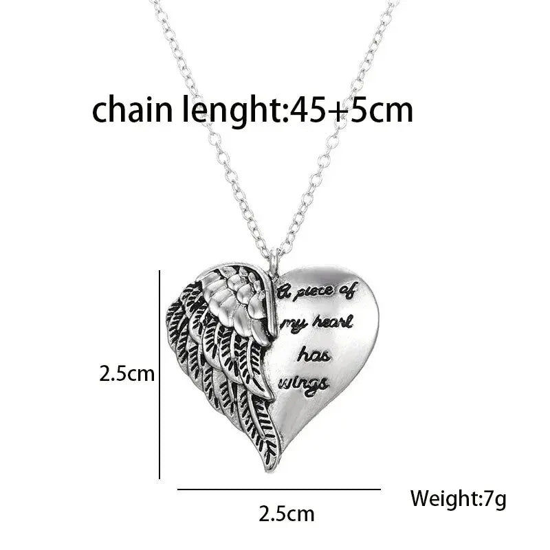 2024 A Piece of My Heart Has Wings Pendant European American Angel Wings Engraved Necklace Jewelry Necklace for Women