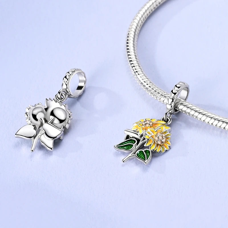 New In 925 Sterling Silver Golden Sunflower Lucky Stars Charm Fit Original Bracelet Necklace Sun Moon Diamond Charm Jewelry DIY