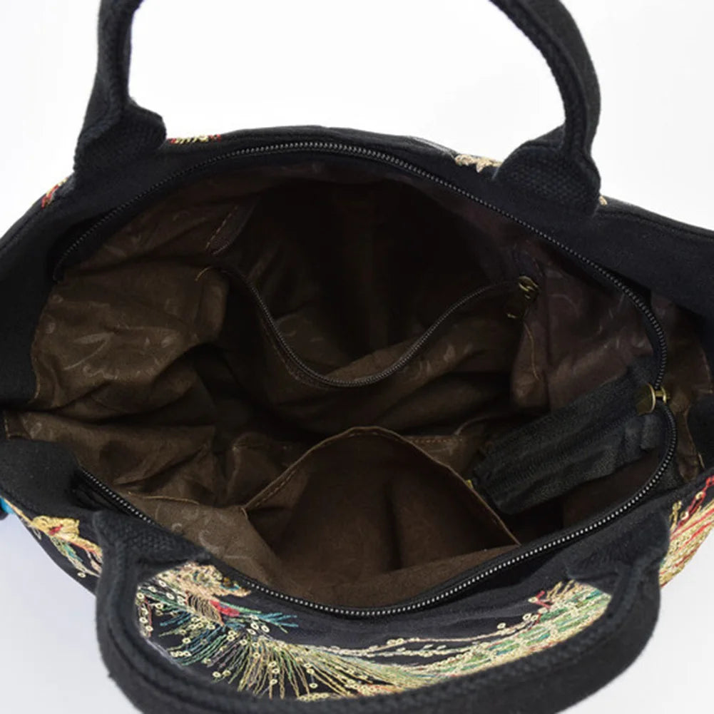 Fashion Women Handbags Peafowl Embroidery Canvas Retro Beads Pendant Top-Handle Bag Large Shoulder Messenger Bags