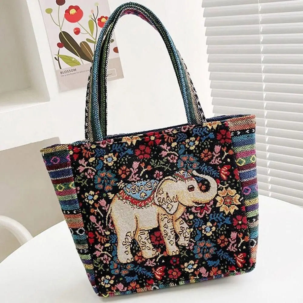 1Pcs Animal Ethnic Style Handbag Trendy Embroidery Elephant Peacock Handbag Rabbit Canvas Tote Bag Storage Bag