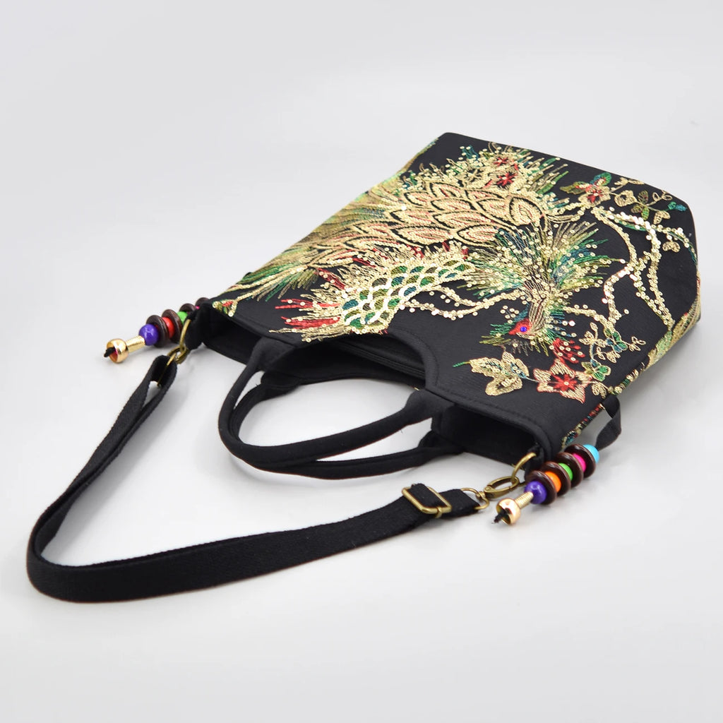 Phoenix Embroidered Sequin Handbag, Ethnic Style Embroidered Handbag, Women's Ethnic Travel Bohemian Bag