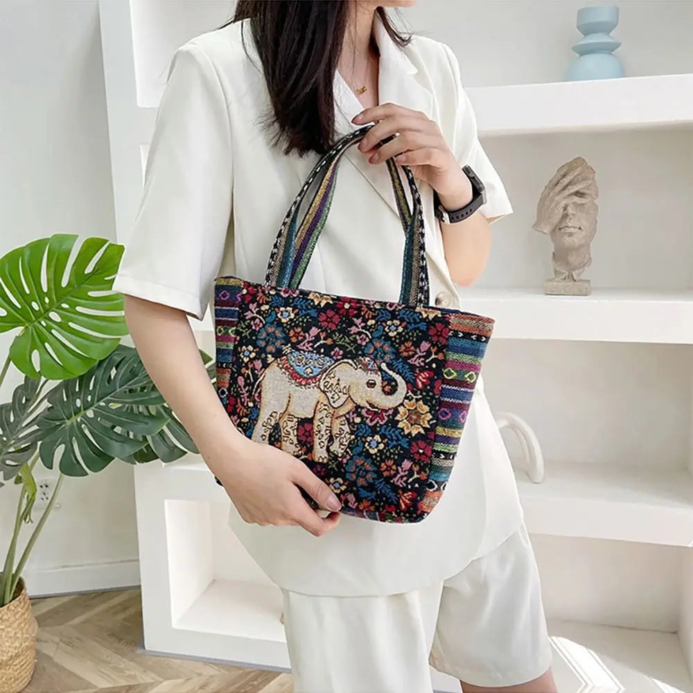 1Pcs Animal Ethnic Style Handbag Trendy Embroidery Elephant Peacock Handbag Rabbit Canvas Tote Bag Storage Bag