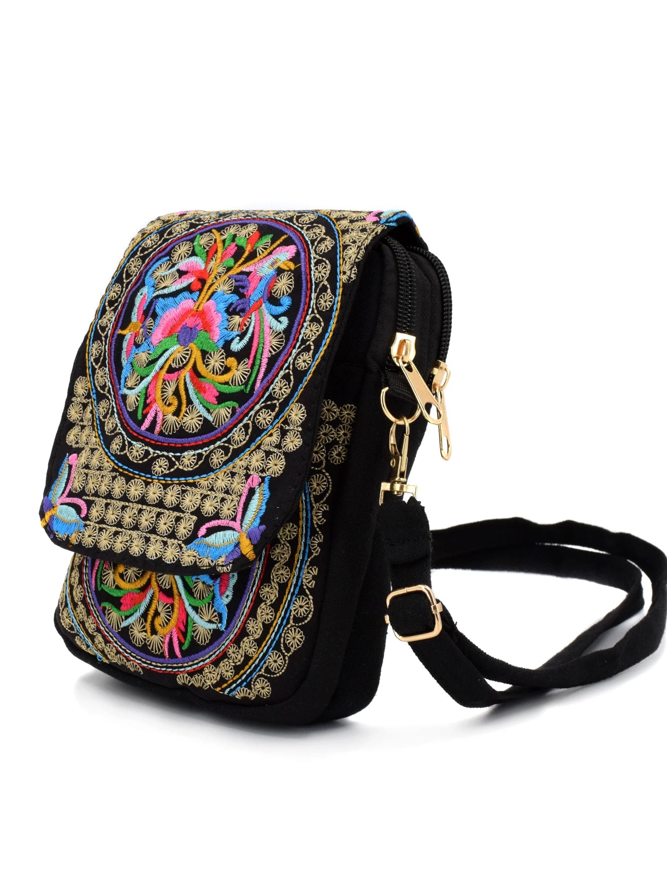 Stylish Women's Embroidered Crossbody Phone Bag with Zipper - Small Canvas Shoulder Bag for Everyday Use