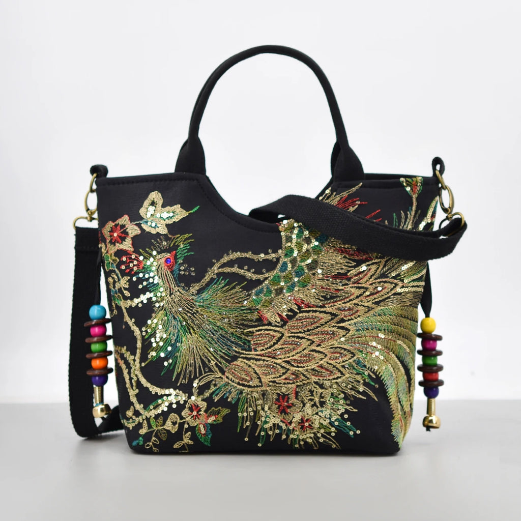 Phoenix Embroidered Sequin Handbag, Ethnic Style Embroidered Handbag, Women's Ethnic Travel Bohemian Bag