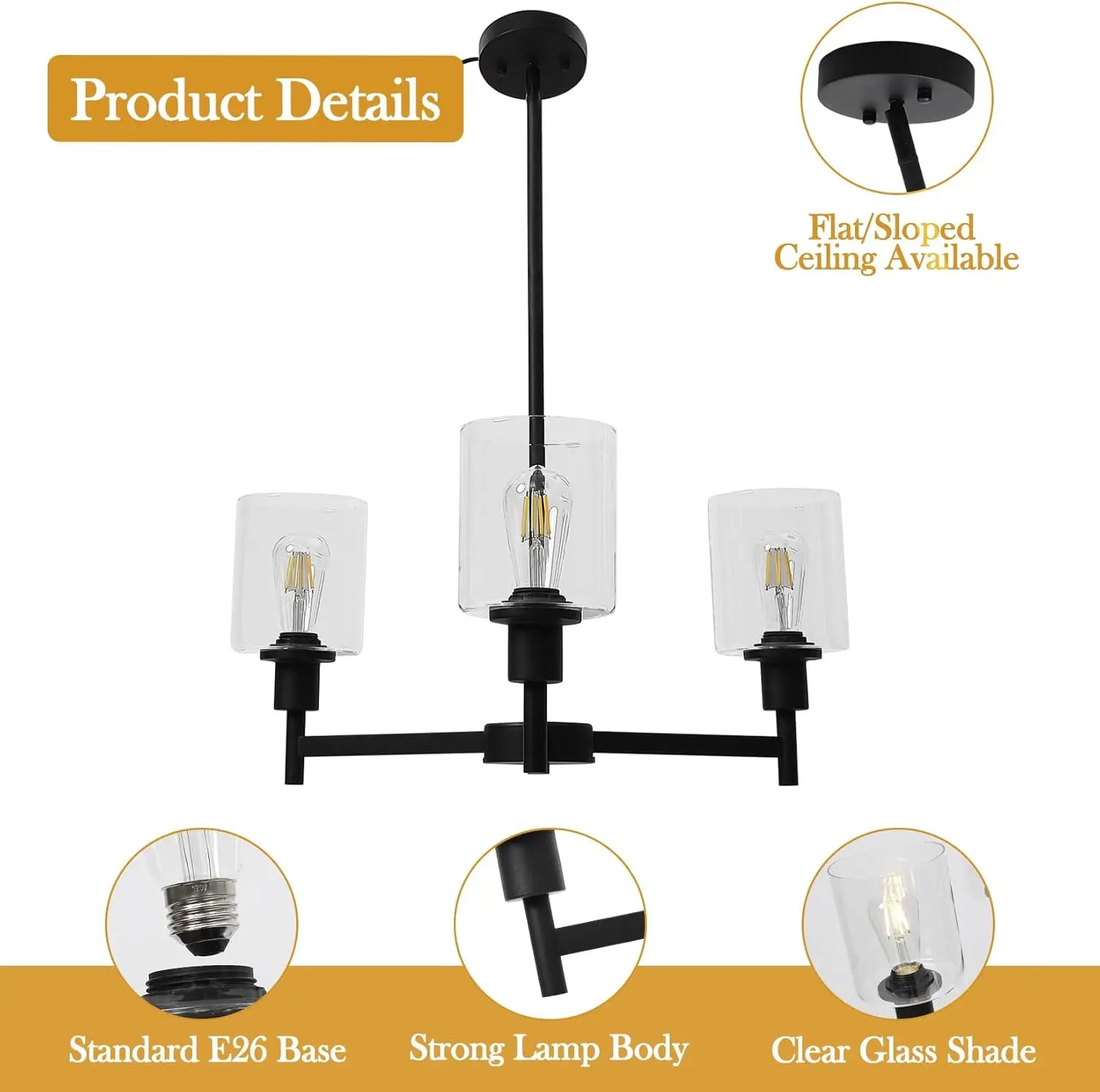 Chandelier for Dinning Room Light Fixture, Kitchen Island Modern Farmhouse Pendant Ceiling Lights with Clear Glass Shade